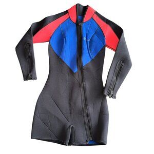 Womens Neoprene Nylon Full-Body Wetsuit With Front Zip & Contrast Red/Blue Panel